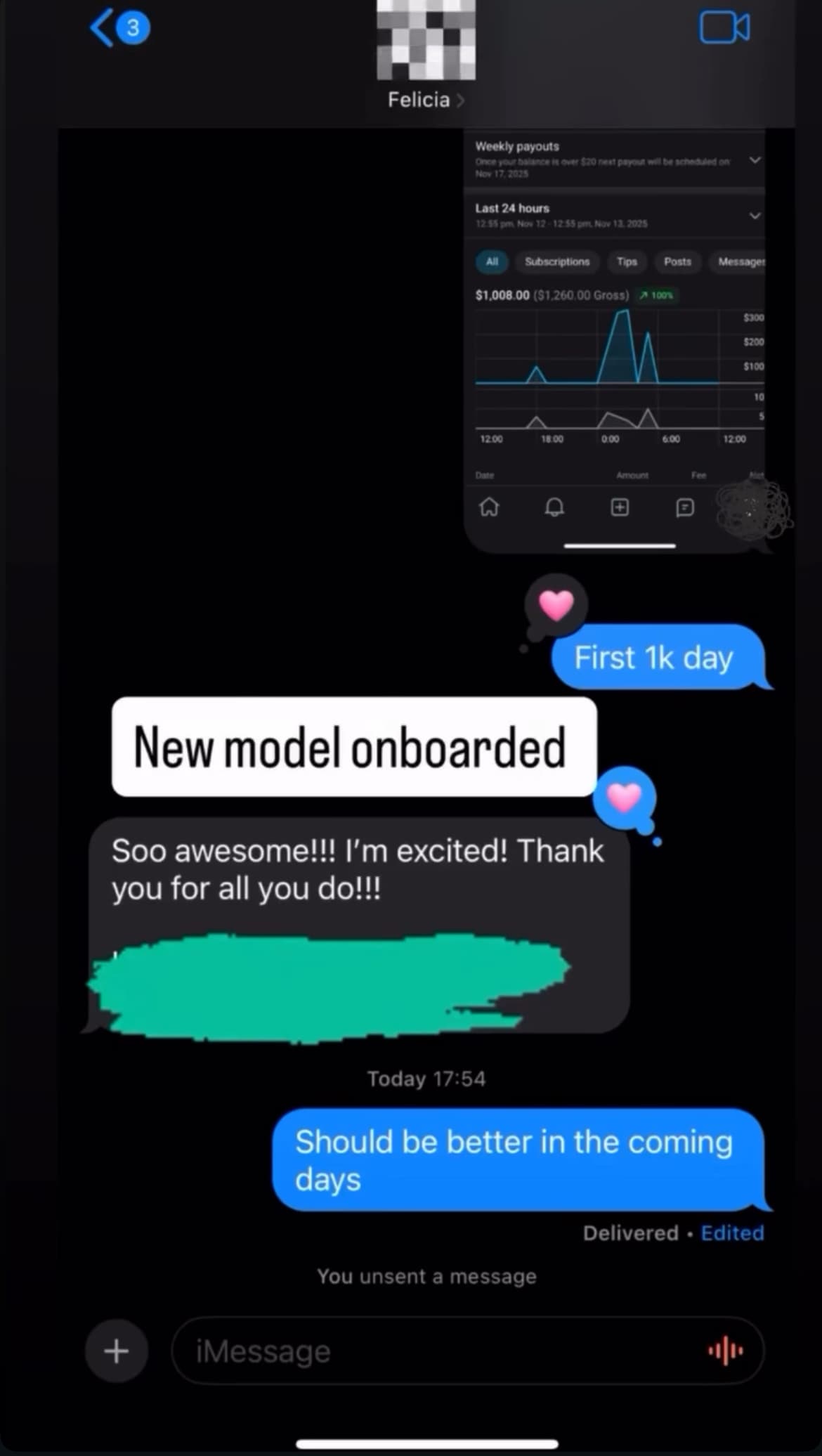 DM thread celebrating a new model's first 1k day milestone